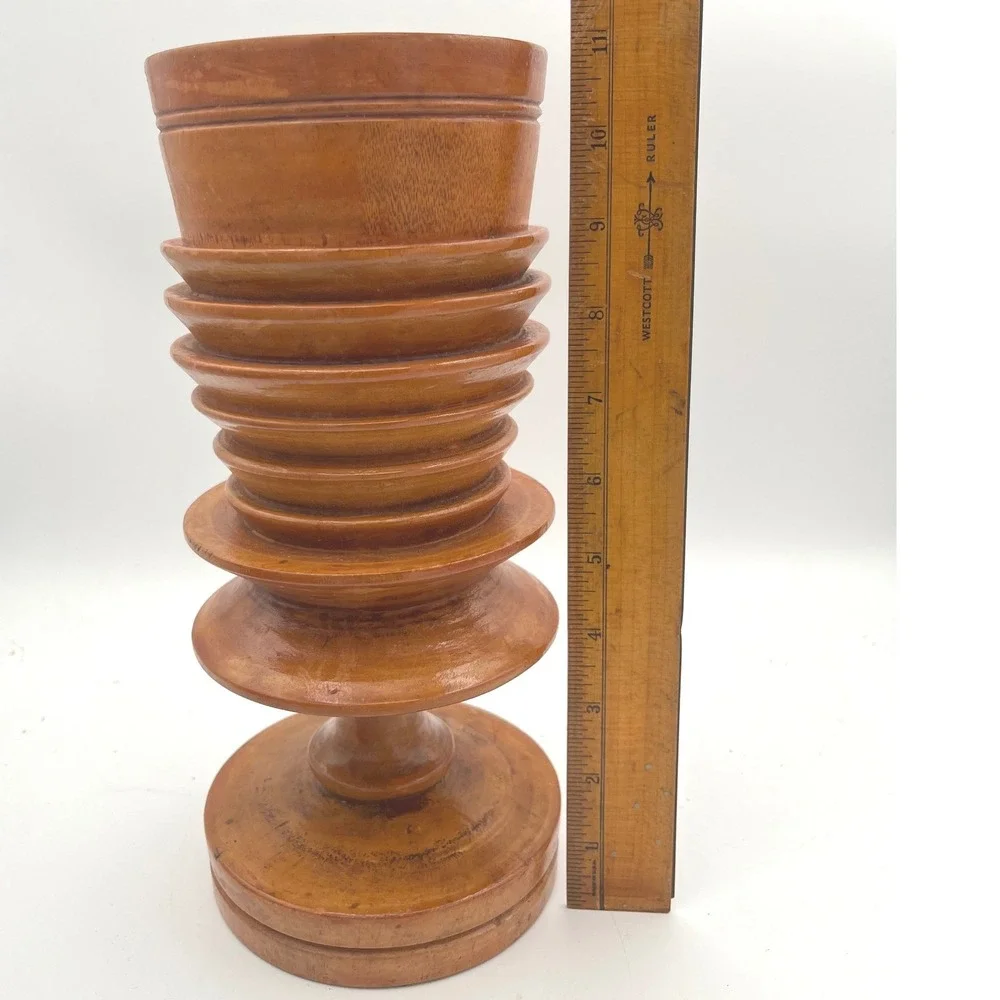 Vintage Hand Turned Tiered Ribbed‎ Wood Vase MCM Pedestal Organic